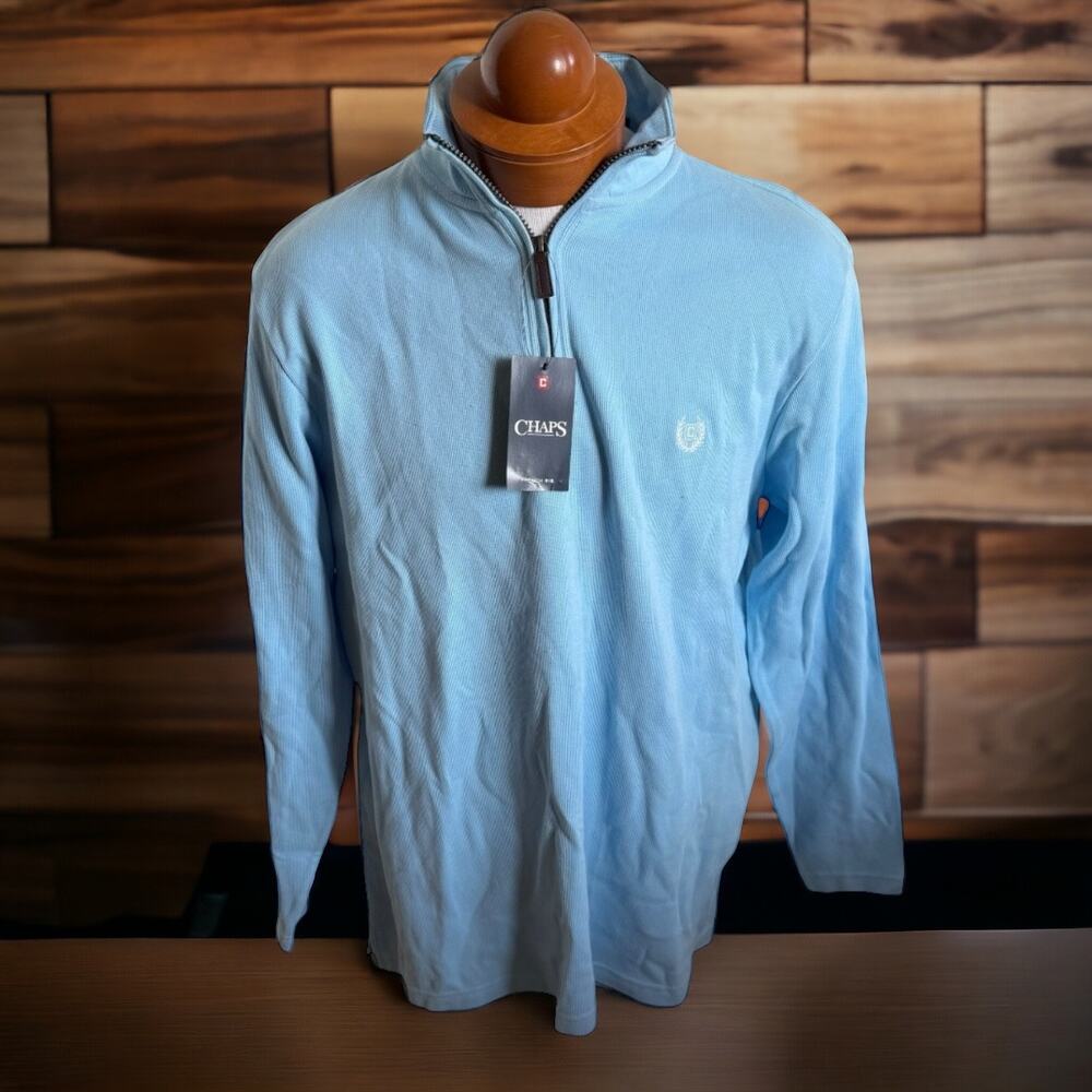 Chaps Mens Pullover Sz L Pool Blue French Ribbed Quarter Zip Light NEW NWT